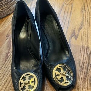 Tory Burch Black Wedges with Gold Accent